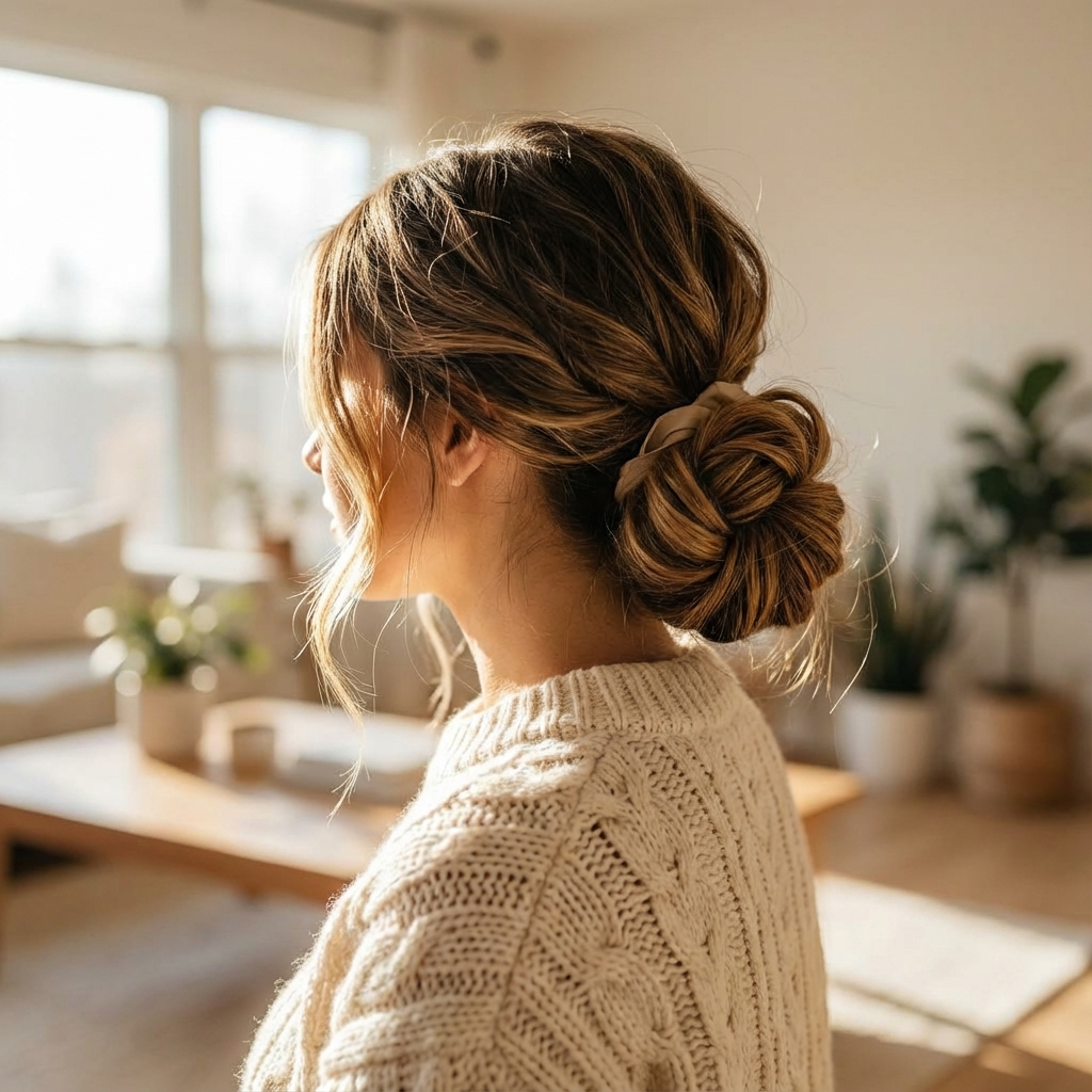 hair styled in a perfectly imperfect messy low bun at the nape of her neck, shot from a 45-degree back angle showing the bun detail,