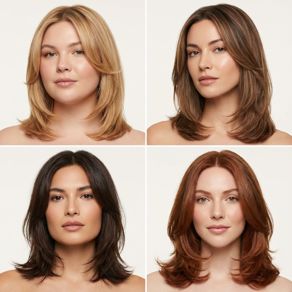 four different face shapes with shoulder length layered hairstyles
