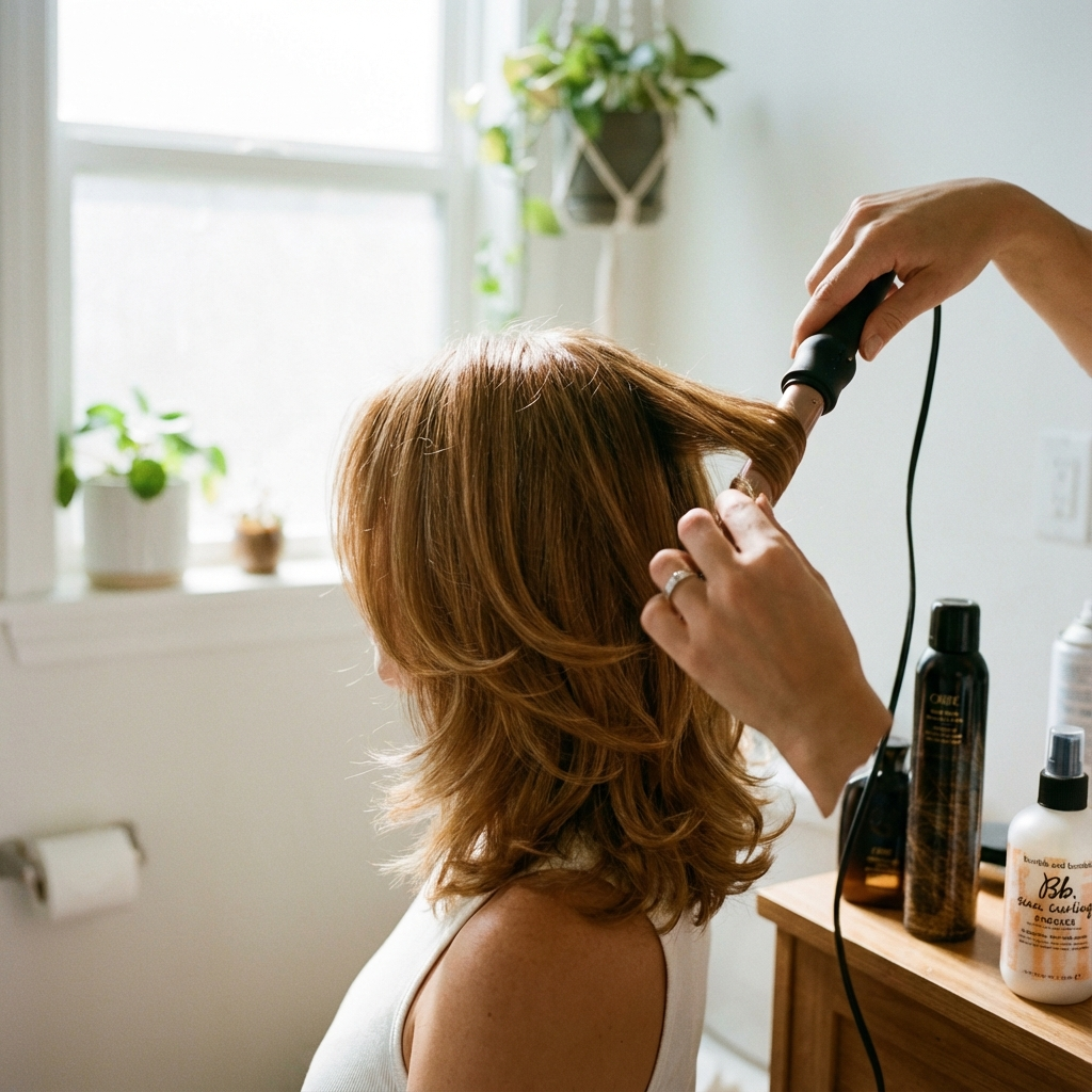 three hair textures with shoulder length layers: straight, wavy, and curly. Shot with 85mm lens at f/2.5 for sharp focus on hair detail.