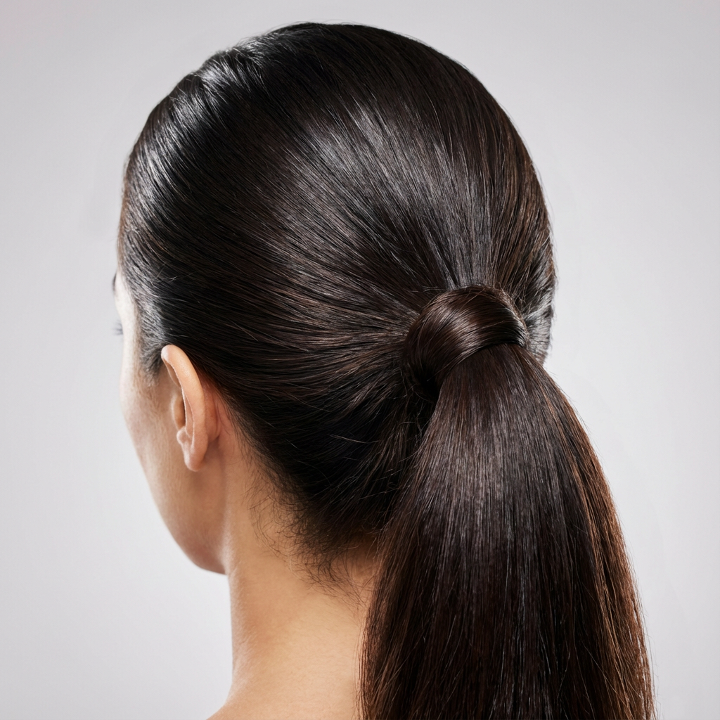 Sleek High Ponytail: "Close-up beauty shot of a sleek high ponytail on thick brunette hair,